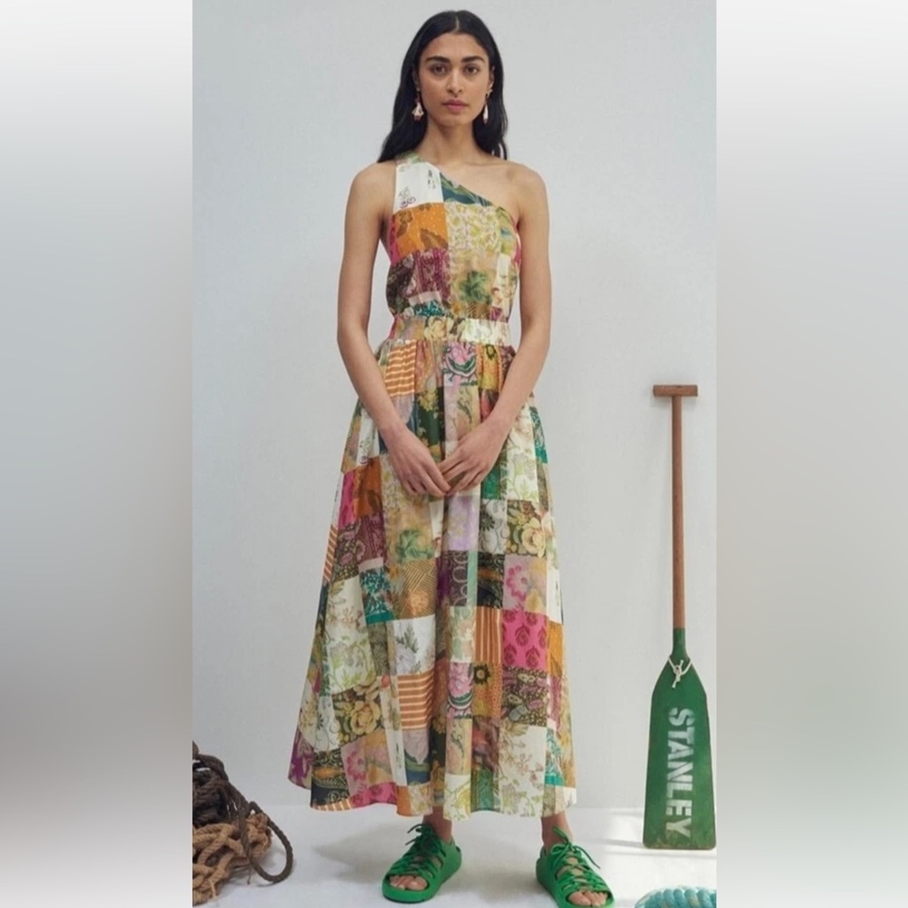 Alemais Hattie One Shoulder Silk Blend Lined Patchwork Design Midi Dress 6 - Picture 2 of 4
